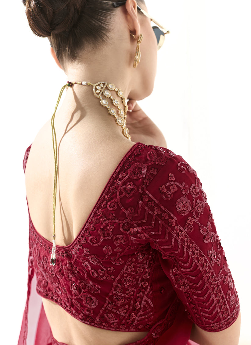 Cherry Red Tissue Embroidered Designer Wedding Saree