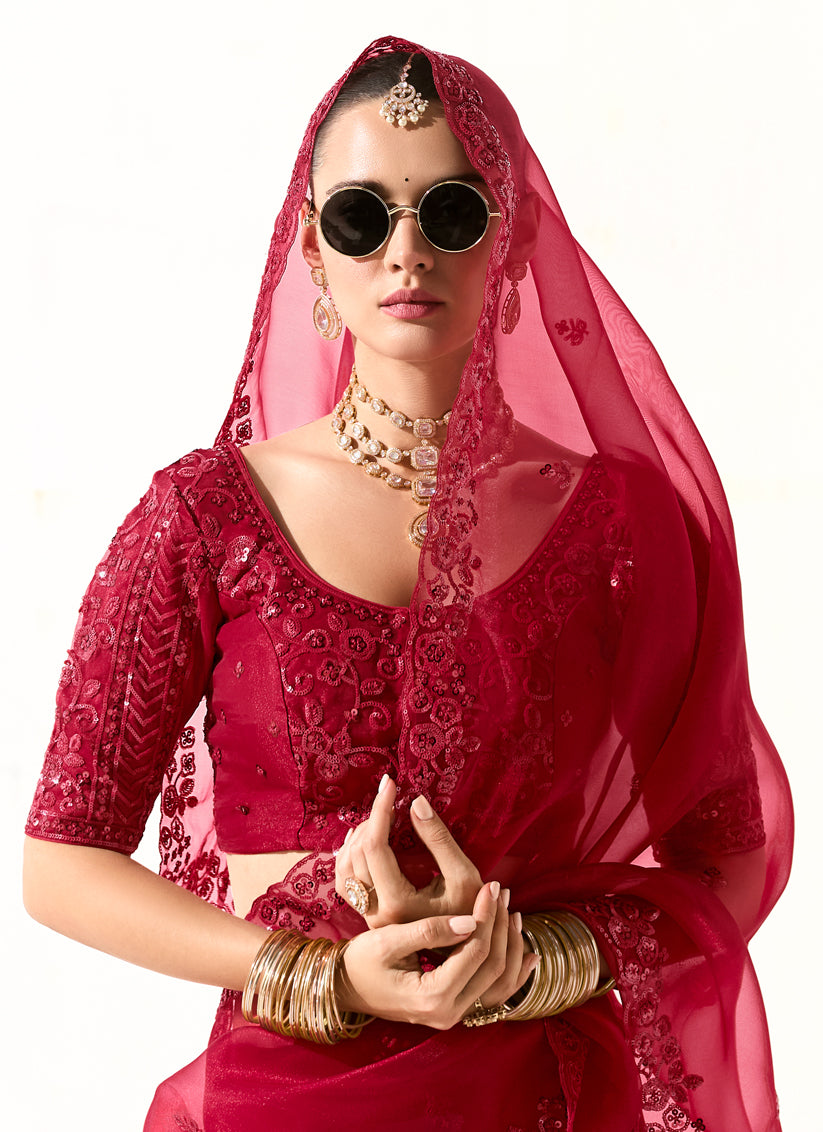 Cherry Red Tissue Embroidered Designer Wedding Saree