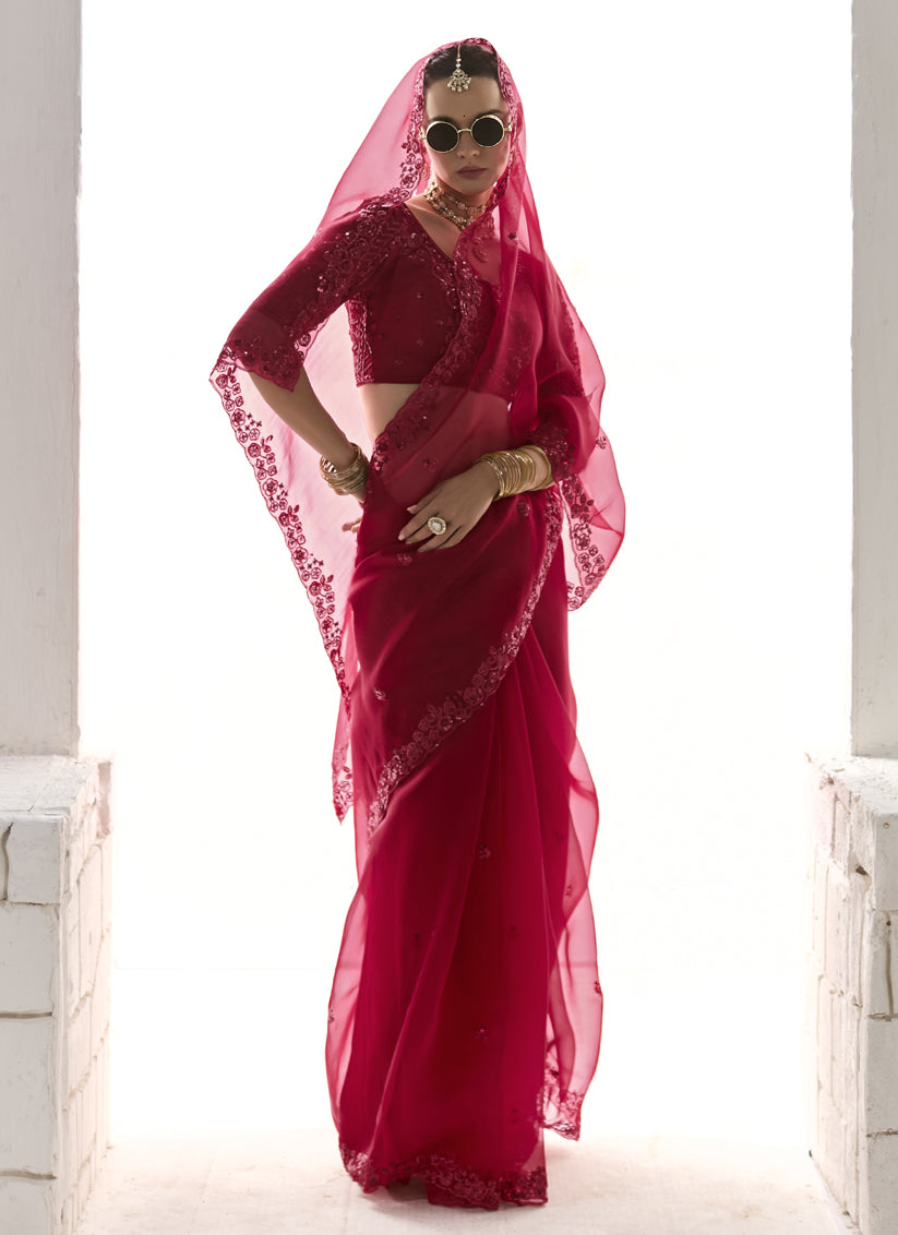 Cherry Red Tissue Embroidered Designer Wedding Saree
