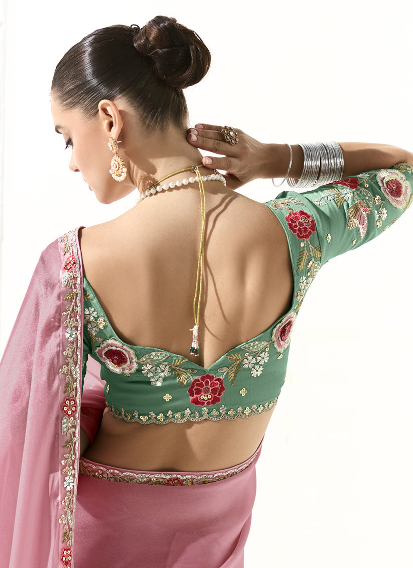 Carnation Pink Tissue Embroidered Designer Wedding Saree