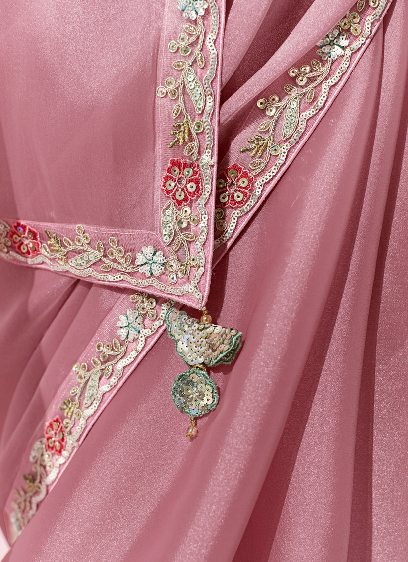 Carnation Pink Tissue Embroidered Designer Wedding Saree