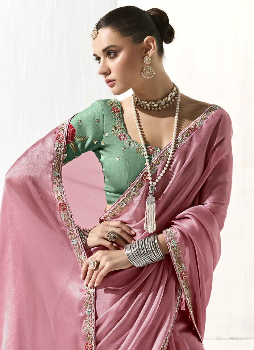 Carnation Pink Tissue Embroidered Designer Wedding Saree