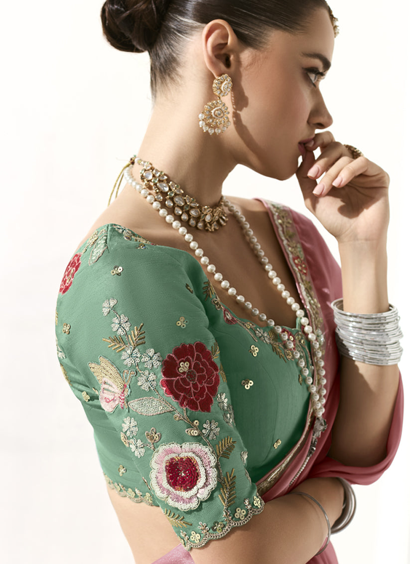 Carnation Pink Tissue Embroidered Designer Wedding Saree