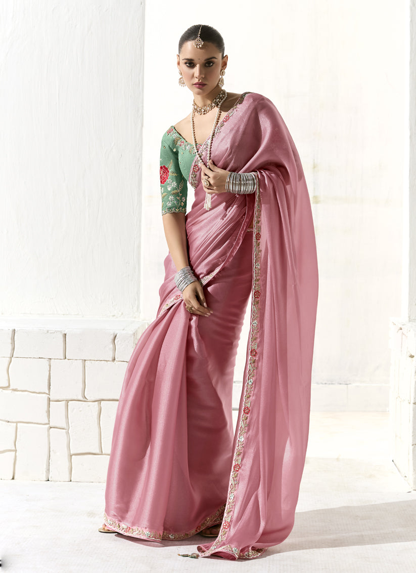 Carnation Pink Tissue Embroidered Designer Wedding Saree