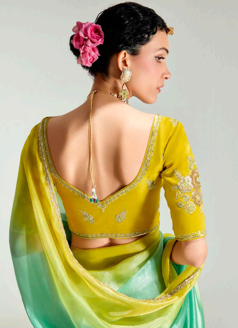 Sea Green and Lemon Yellow Organza Tissue Embroidered Designer Wedding Saree