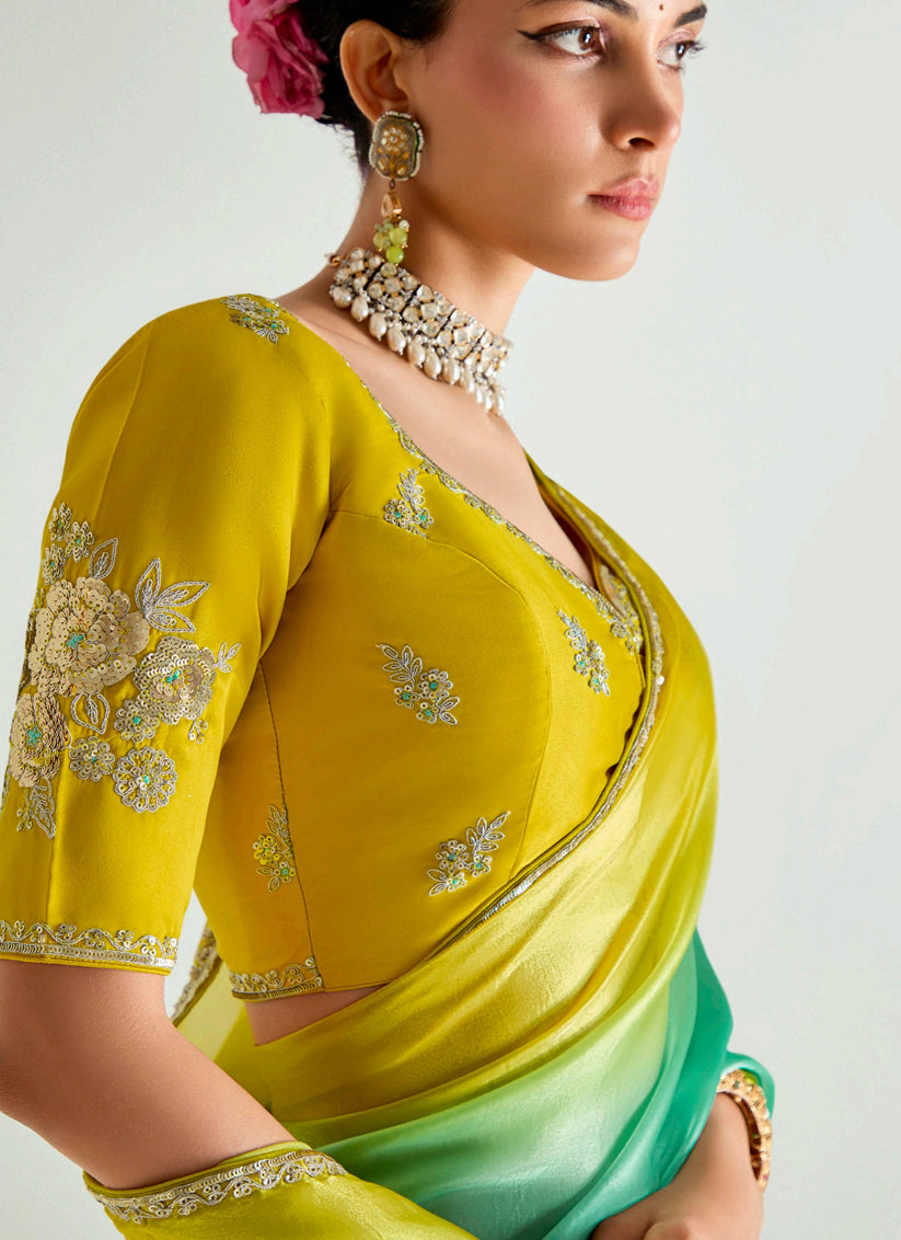 Sea Green and Lemon Yellow Organza Tissue Embroidered Designer Wedding Saree