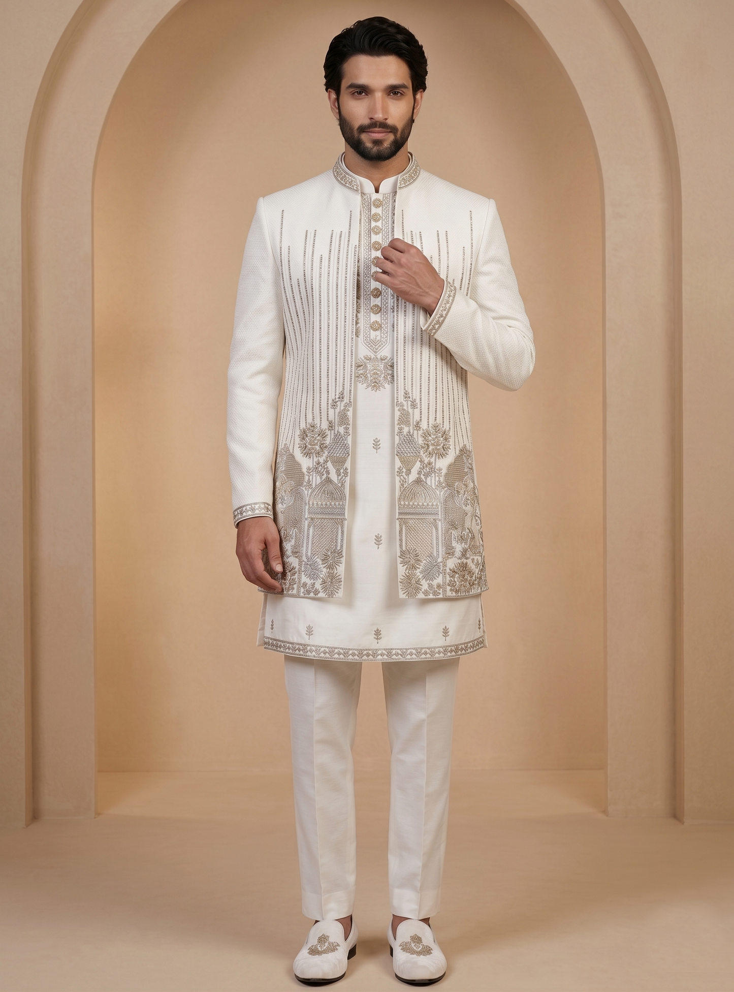 White Satin Silk Ready Made Indo Western