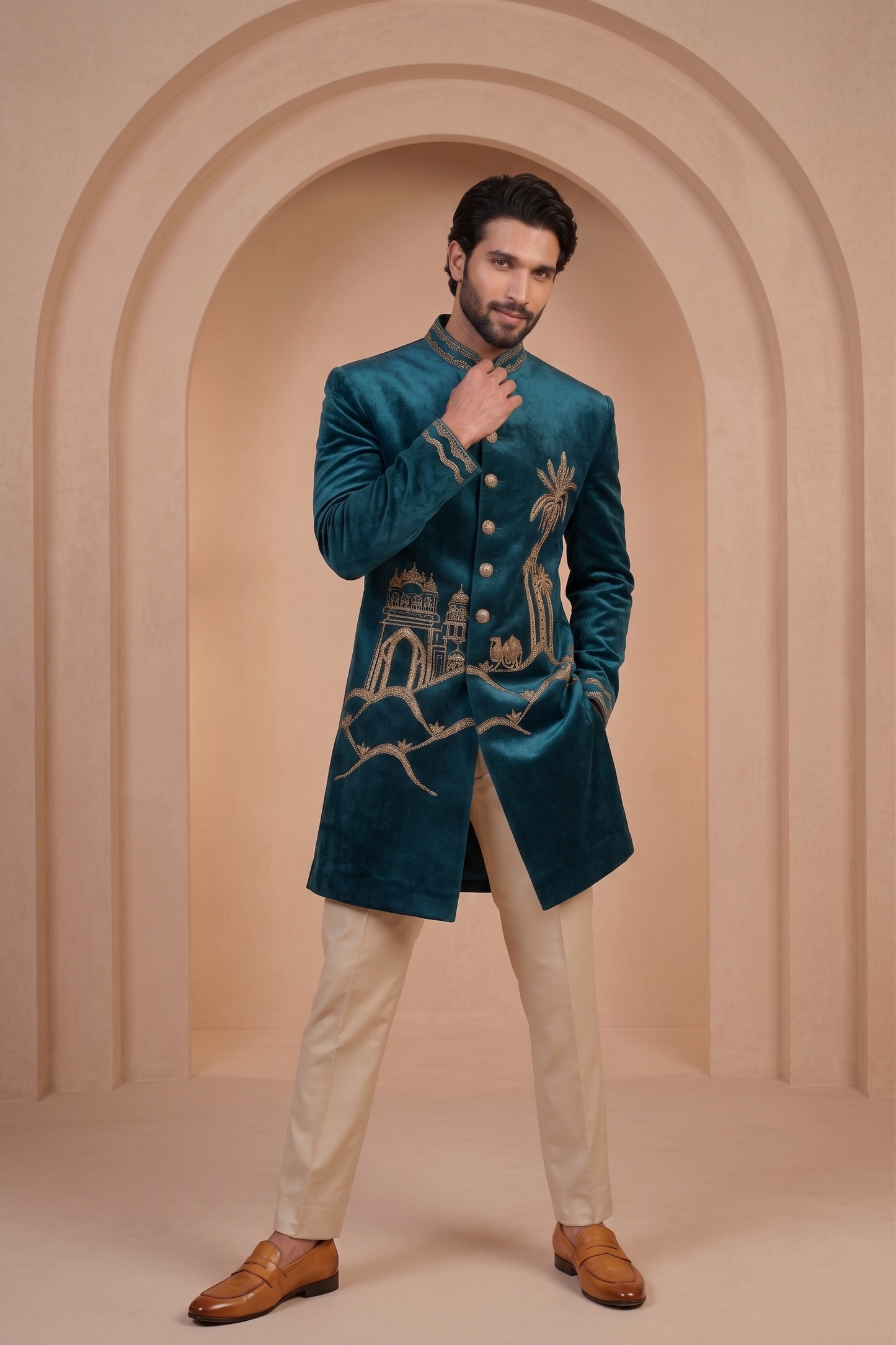 Peacock Blue Velvet Ready Made Indo Western