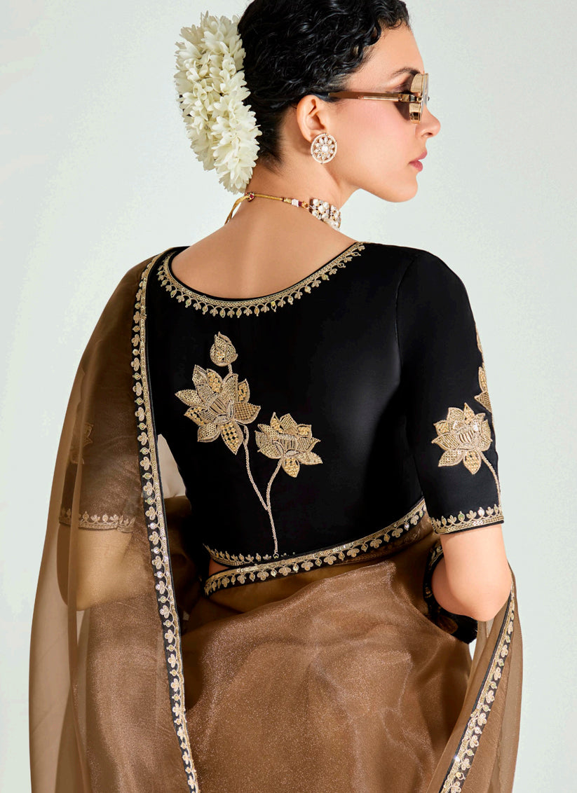 Snuff Brown and Black Organza Tissue Embroidered Designer Wedding Saree
