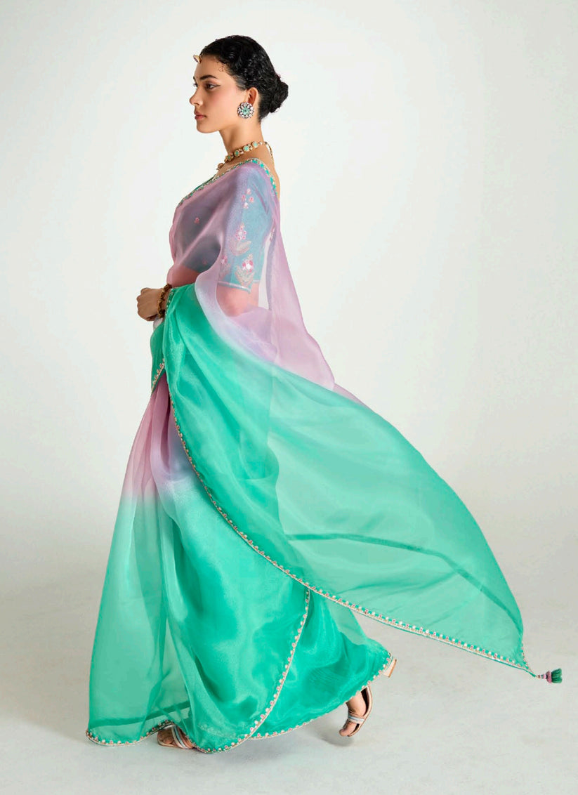 Sea Green and Lilac Pink Organza Tissue Embroidered Designer Wedding Saree