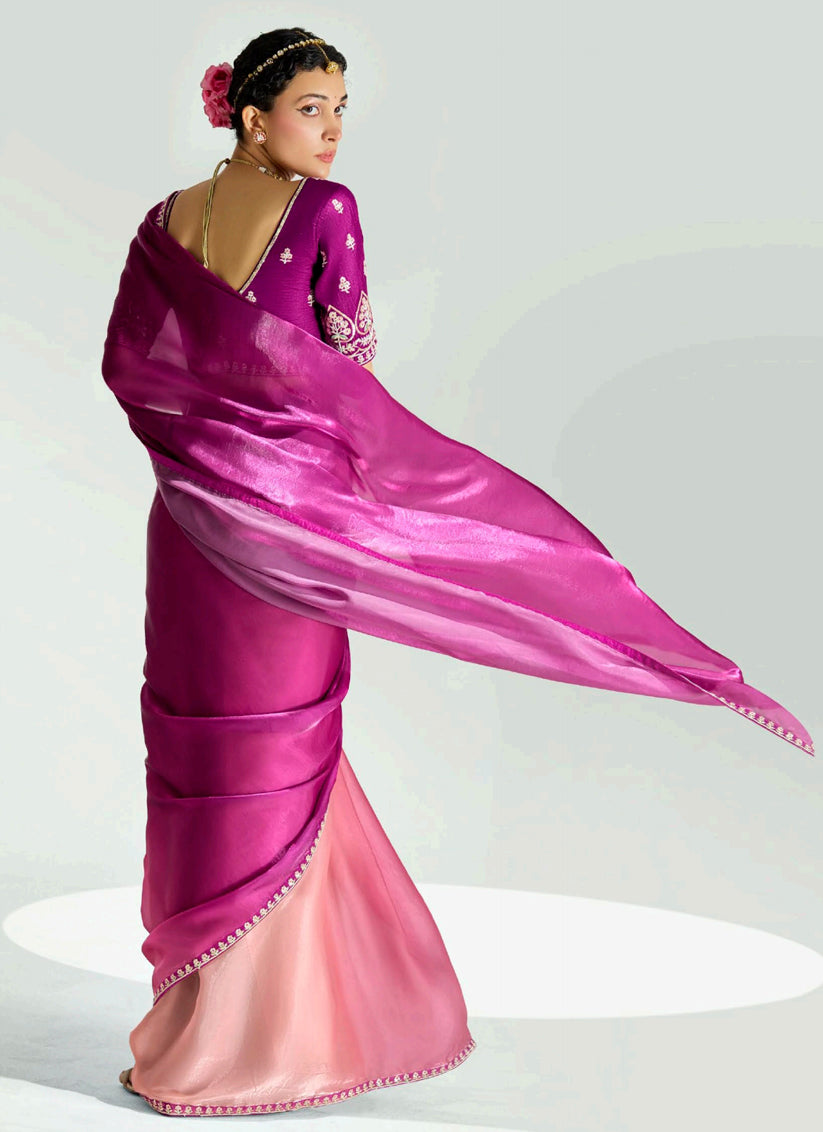 Coral Pink and Magenta Organza Tissue Embroidered Designer Wedding Saree