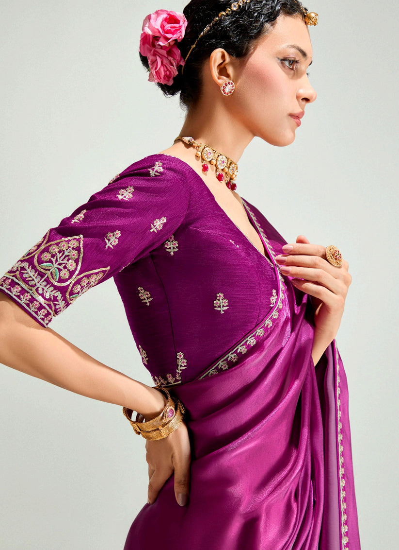 Coral Pink and Magenta Organza Tissue Embroidered Designer Wedding Saree