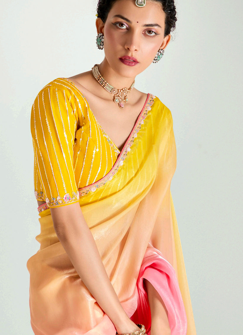 Multicolor Organza Tissue Embroidered Designer Wedding Saree