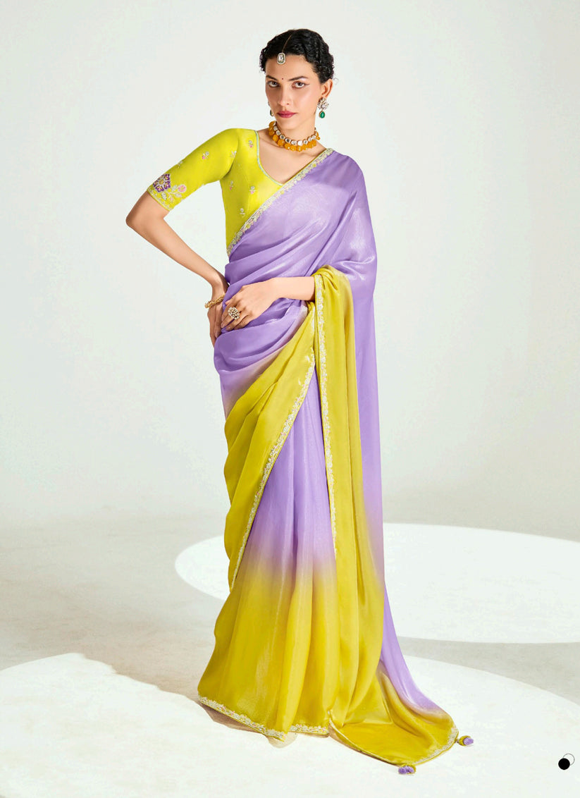 Lavender and Lemon Yellow Organza Tissue Embroidered Designer Wedding Saree