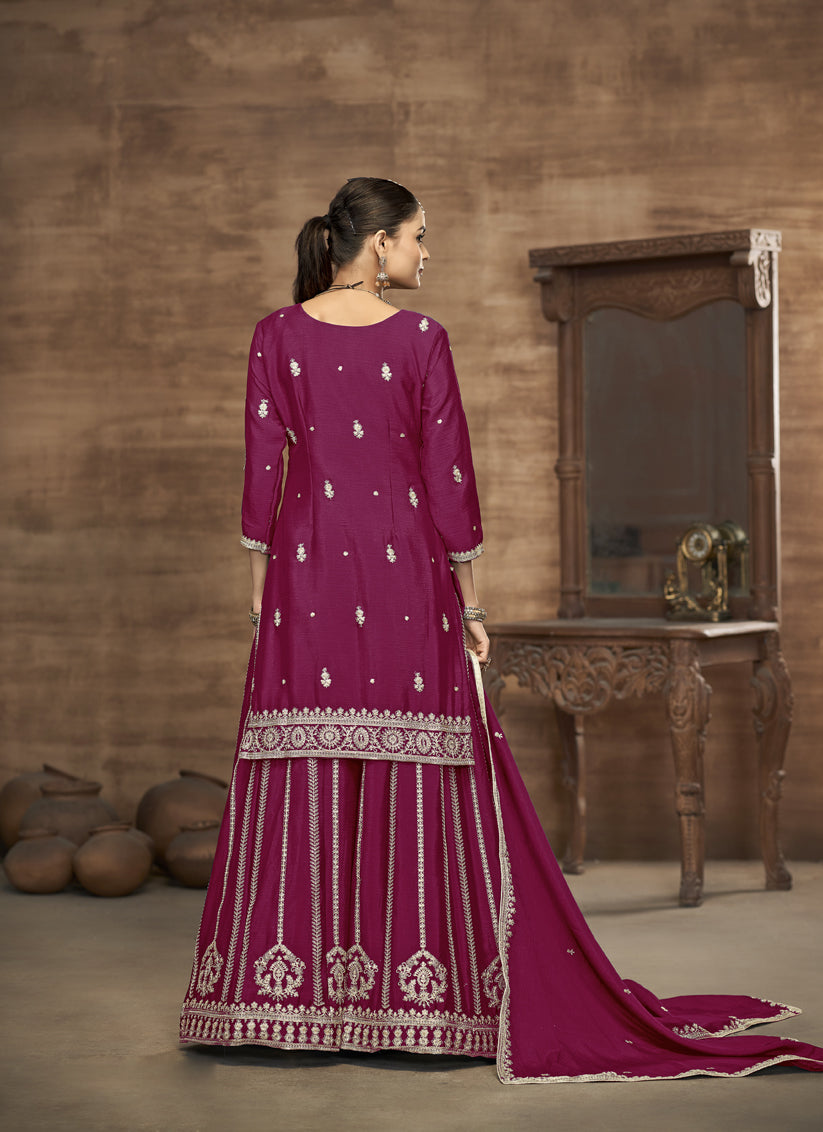 Magenta Chinnon Silk Embroidered Readymade Palazzo Kameez