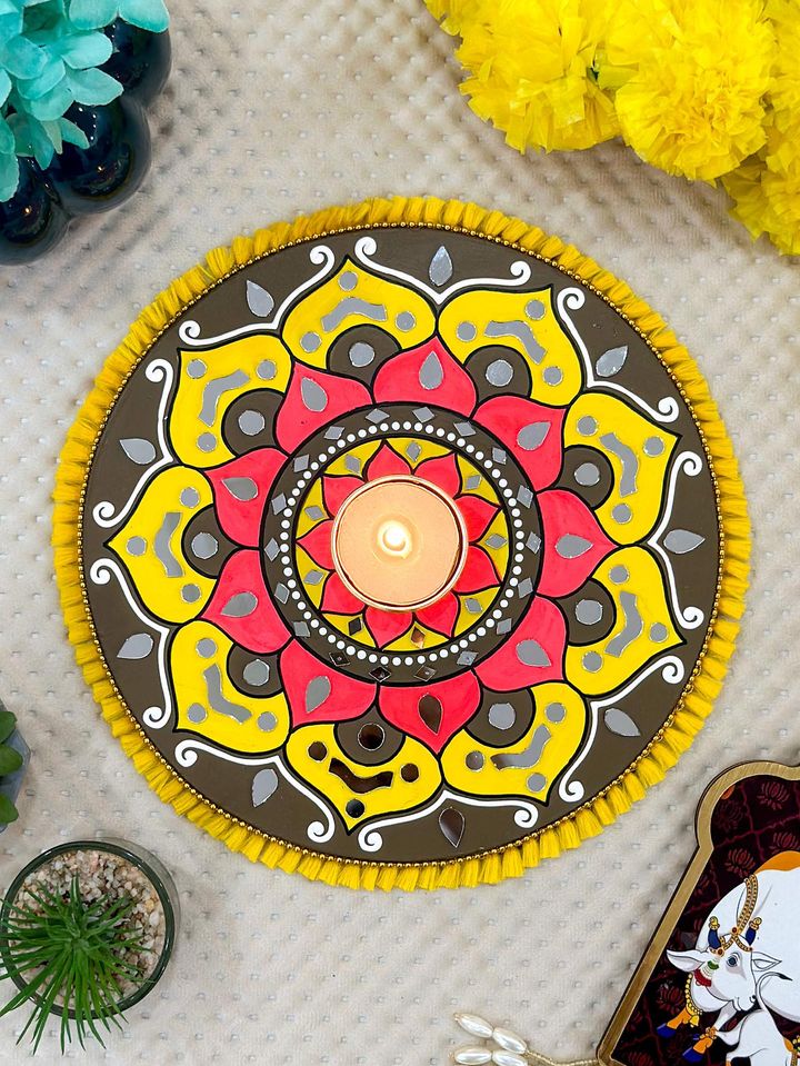 Yellow Mandala ArtWork Candle Holder (8 inches)