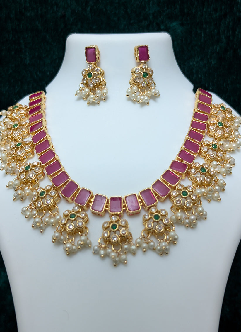Premium Pink Kundan Choker Necklace Set