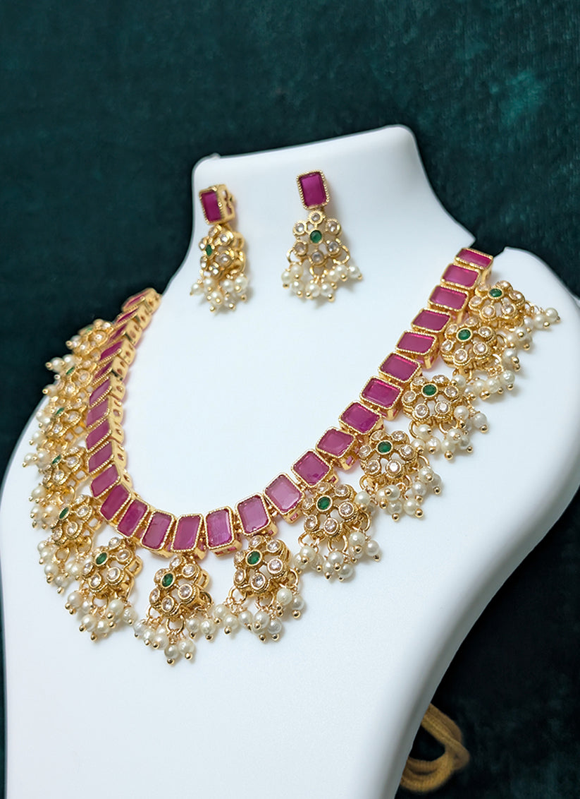 Premium Pink Kundan Choker Necklace Set