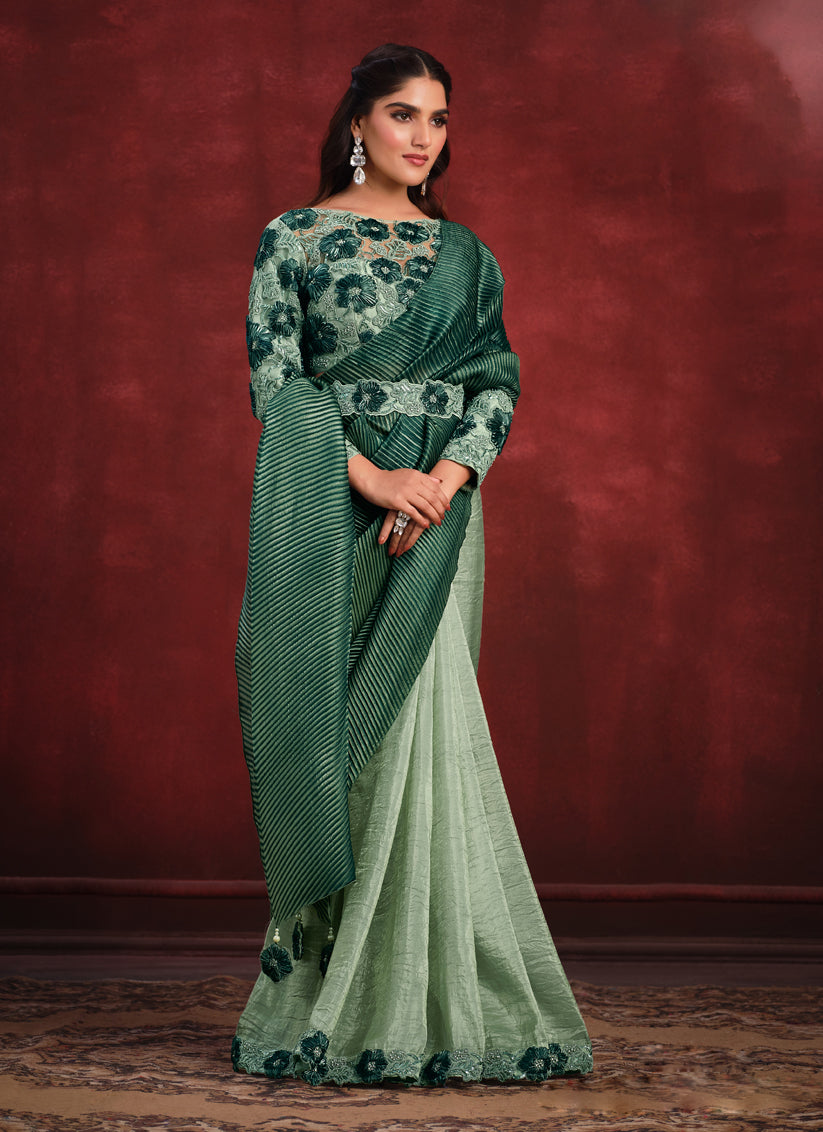 Pastel Green and Bottle Green Heavy Designer Saree