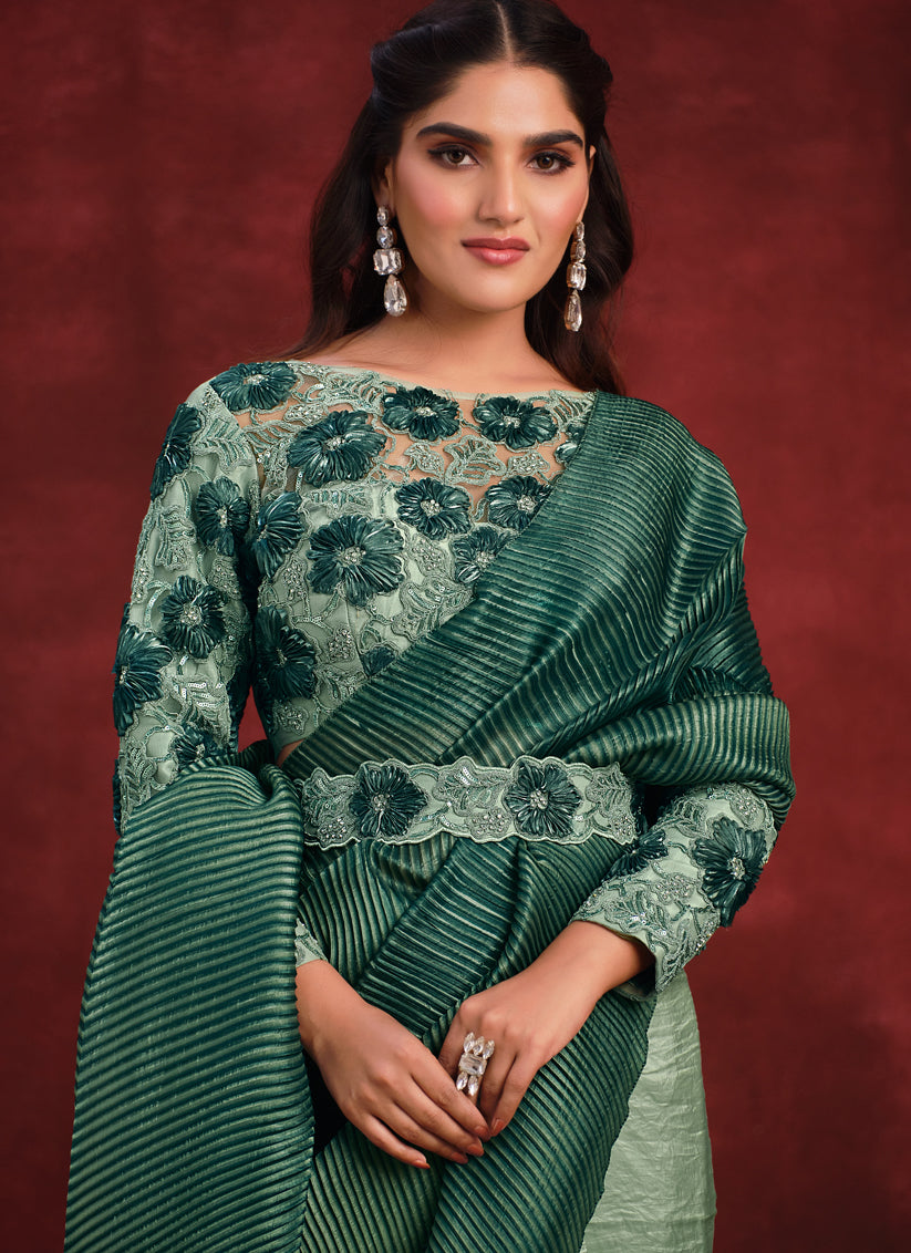 Pastel Green and Bottle Green Heavy Designer Saree