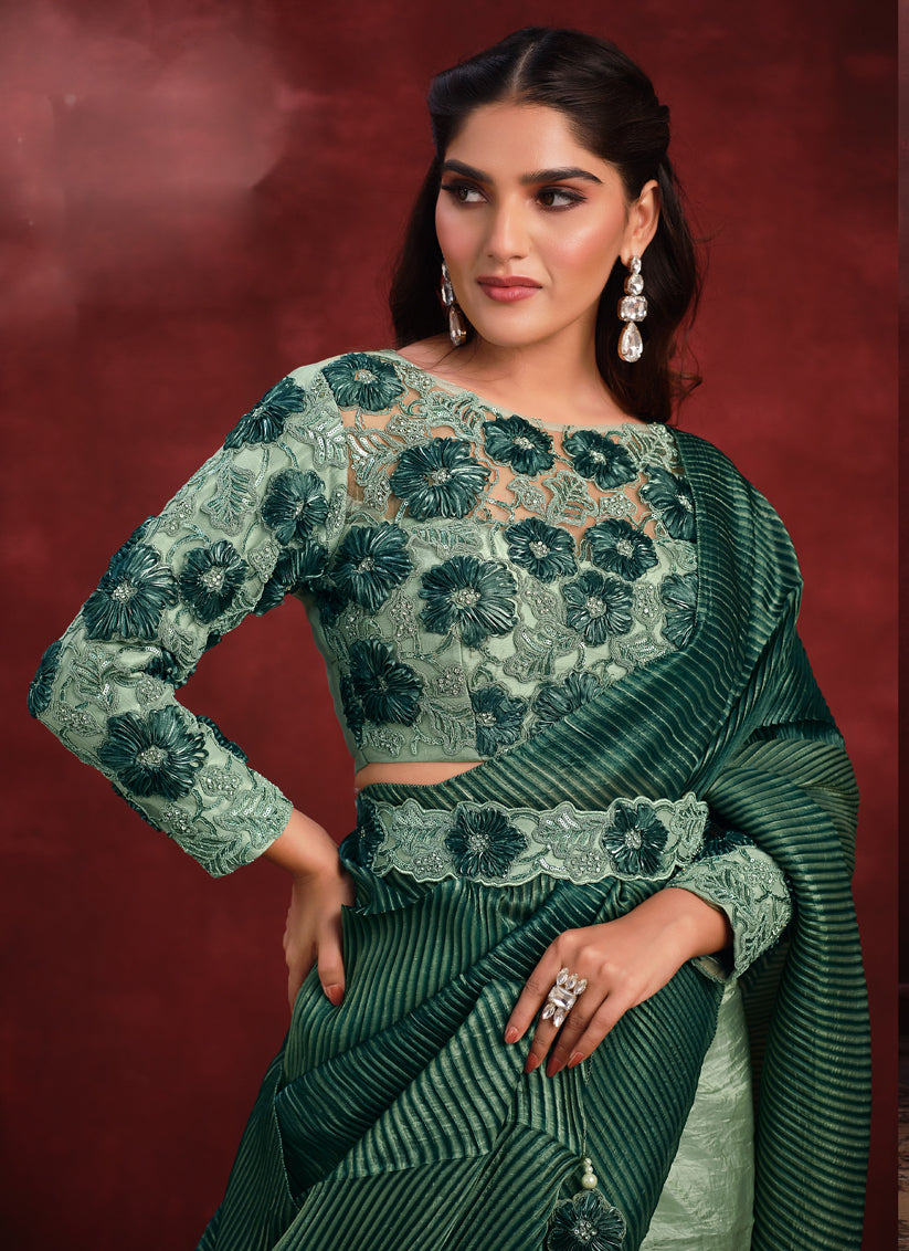 Pastel Green and Bottle Green Heavy Designer Saree