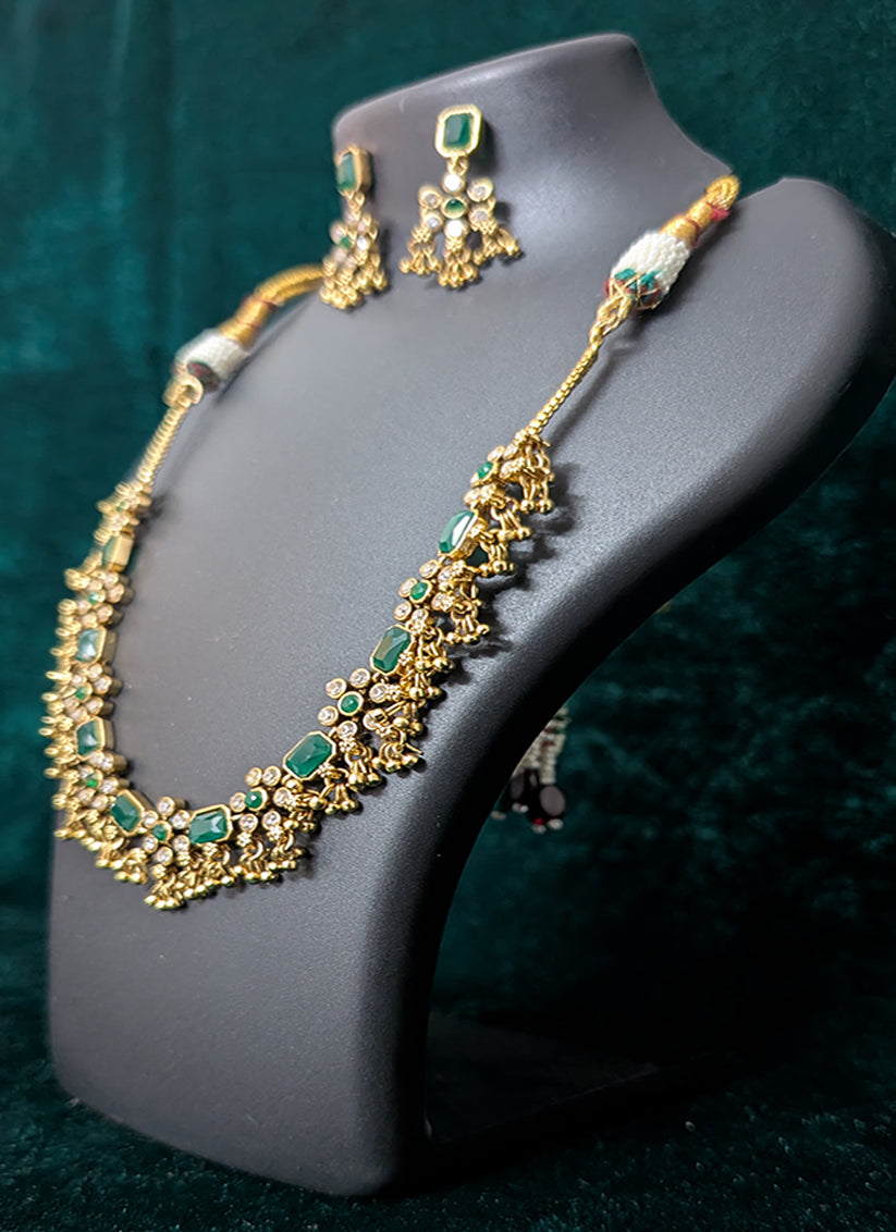 Elegant Green Stone Studded & Beaded Choker Necklace Set