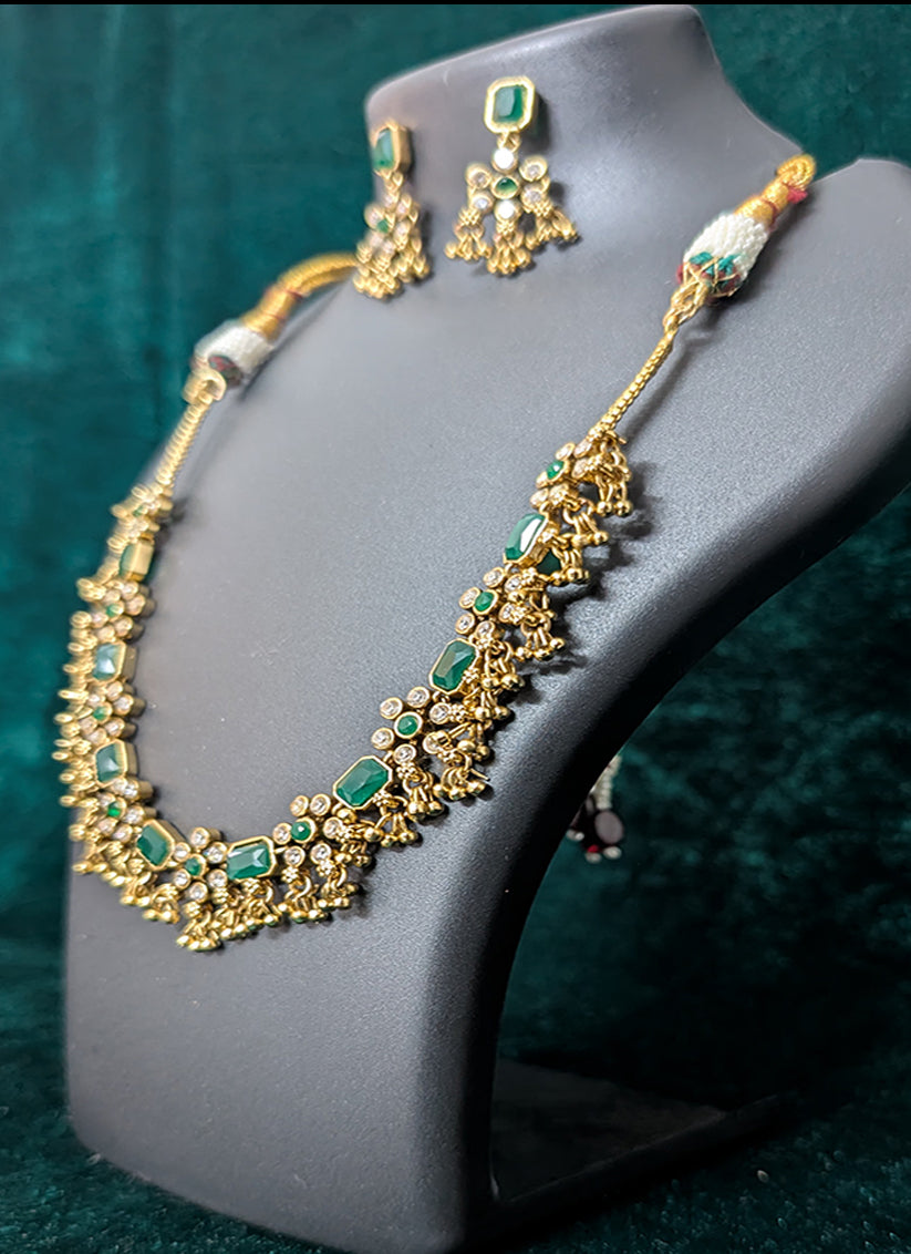 Elegant Green Stone Studded & Beaded Choker Necklace Set