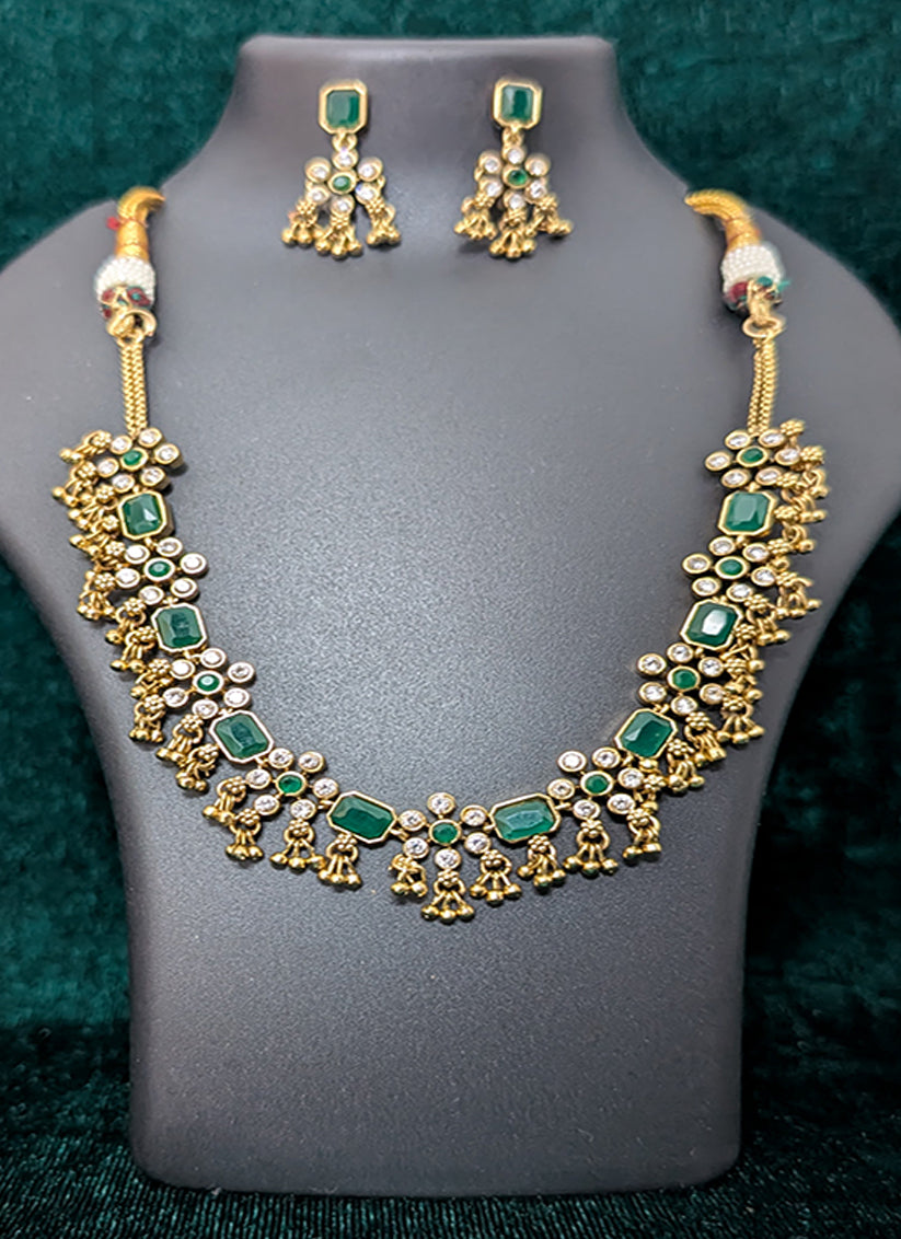 Elegant Green Stone Studded & Beaded Choker Necklace Set