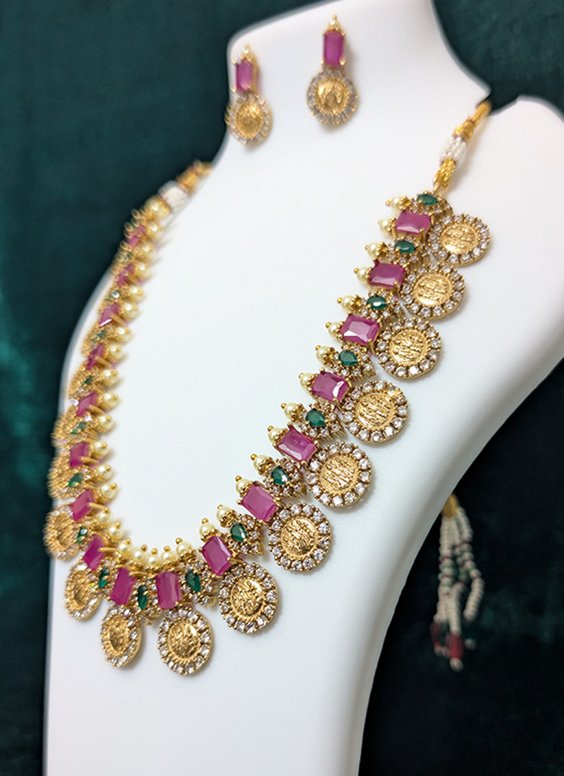 Classic Pink Stone Studded & Beaded Choker Necklace Set