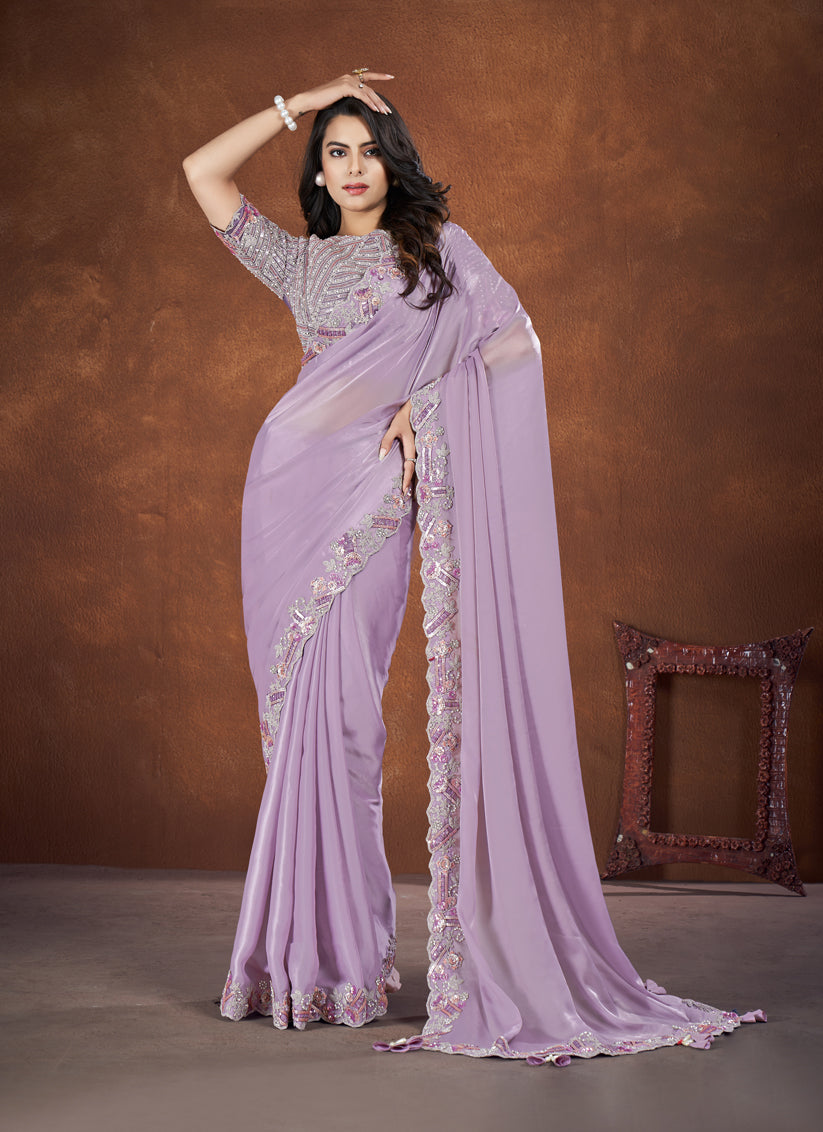 Lavender Crepe Satin Silk Designer Saree with Blouse