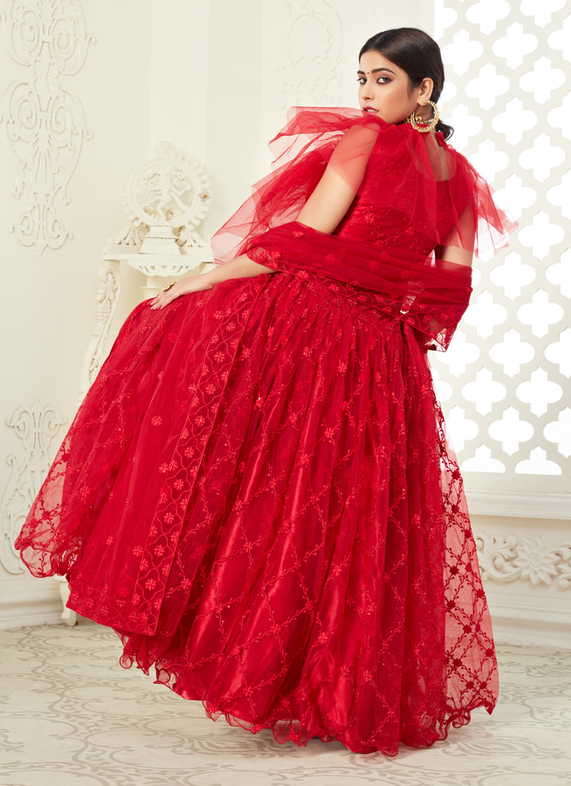 Scarlet Red Net Embroidered Designer Lehenga Choli