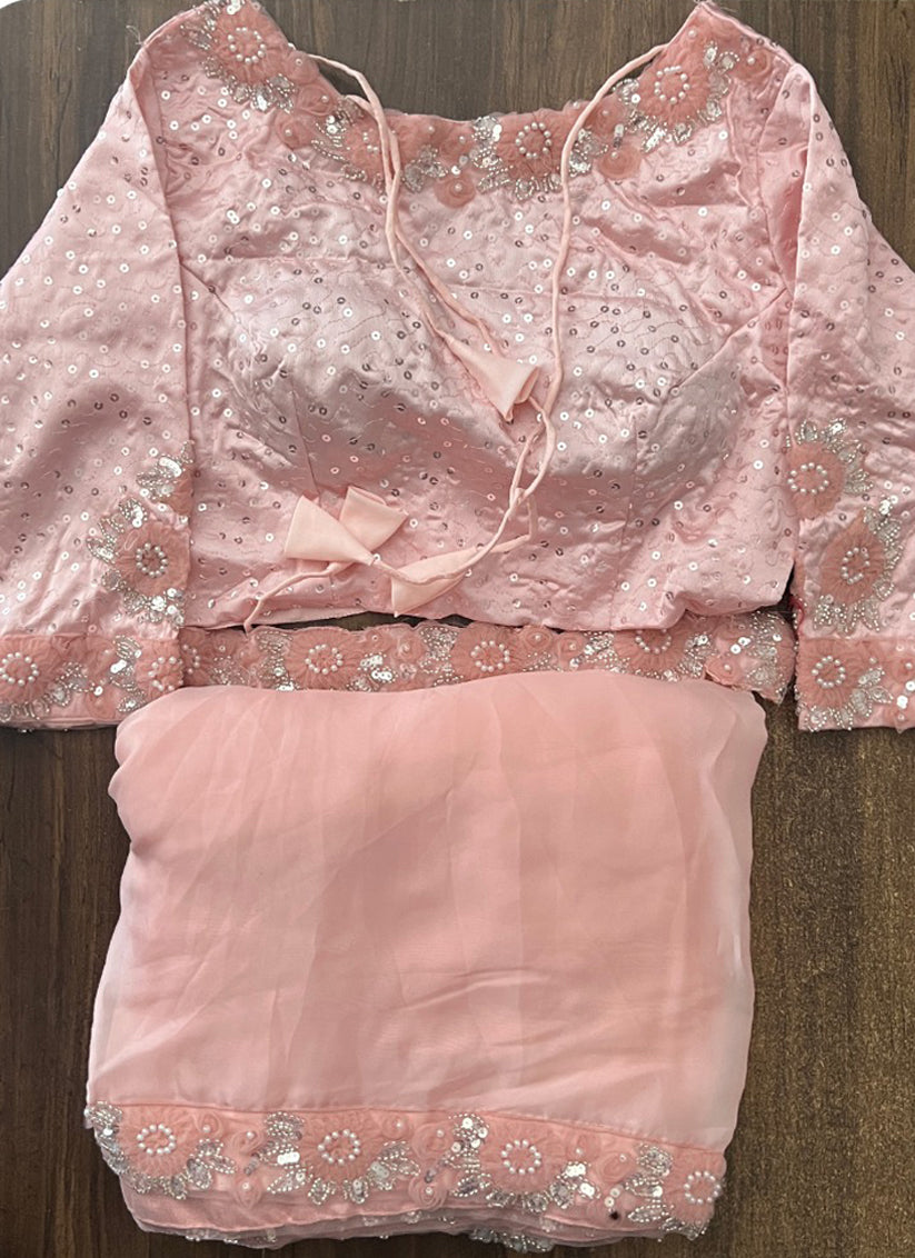 Blush Peach Crepe Satin Silk Designer Saree with Blouse