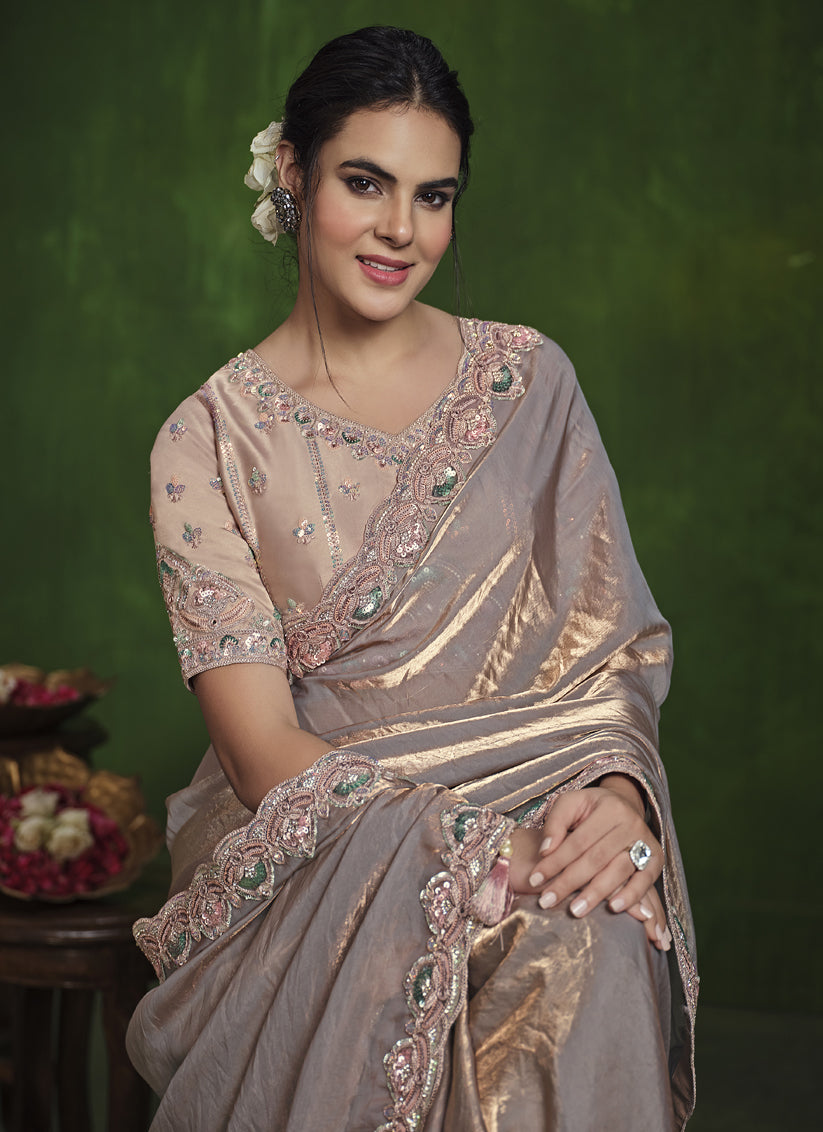 Dusty Peach Sequins Embroidered Designer Saree