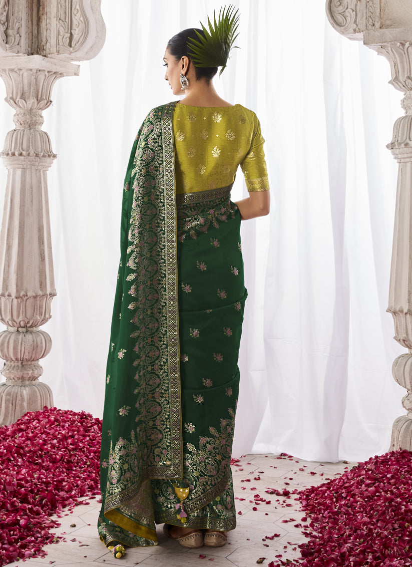 Forest Green Kora Silk Meenakari Pallu Saree