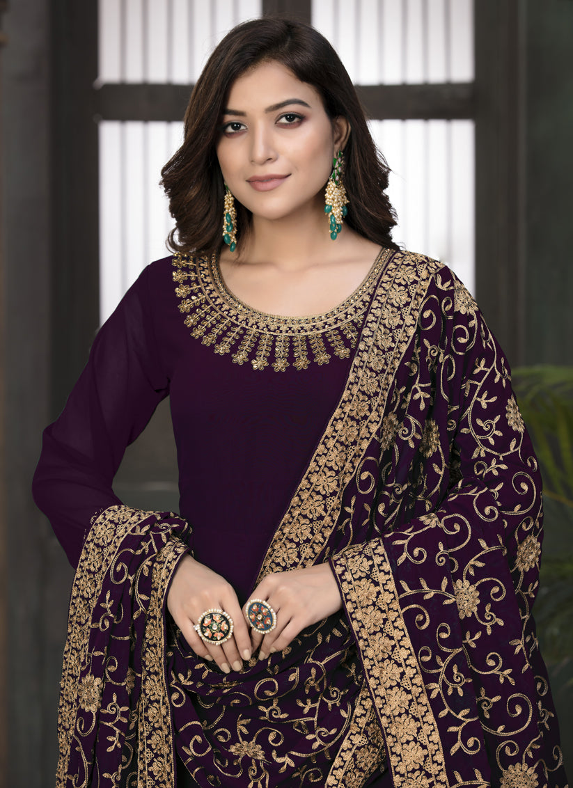 Burgundy Faux Georgette Embroidered Anarkali Suit