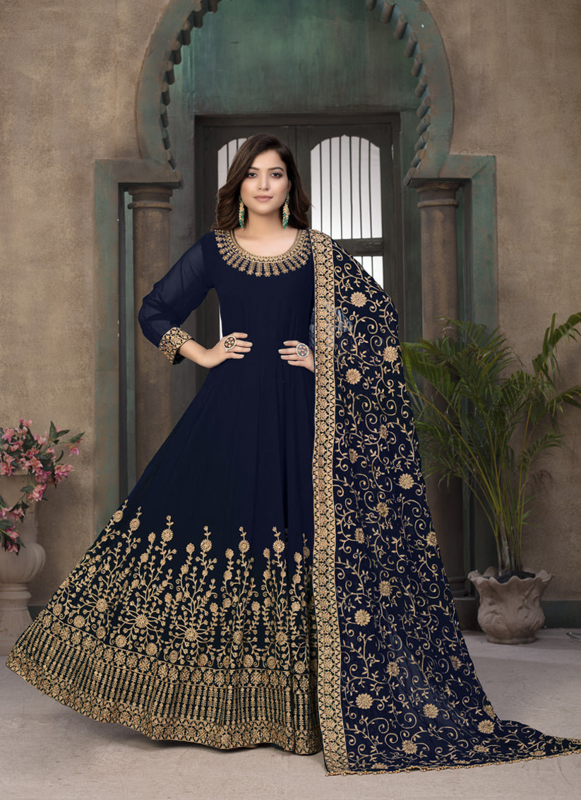 Midnight Blue Faux Georgette Embroidered Anarkali Suit