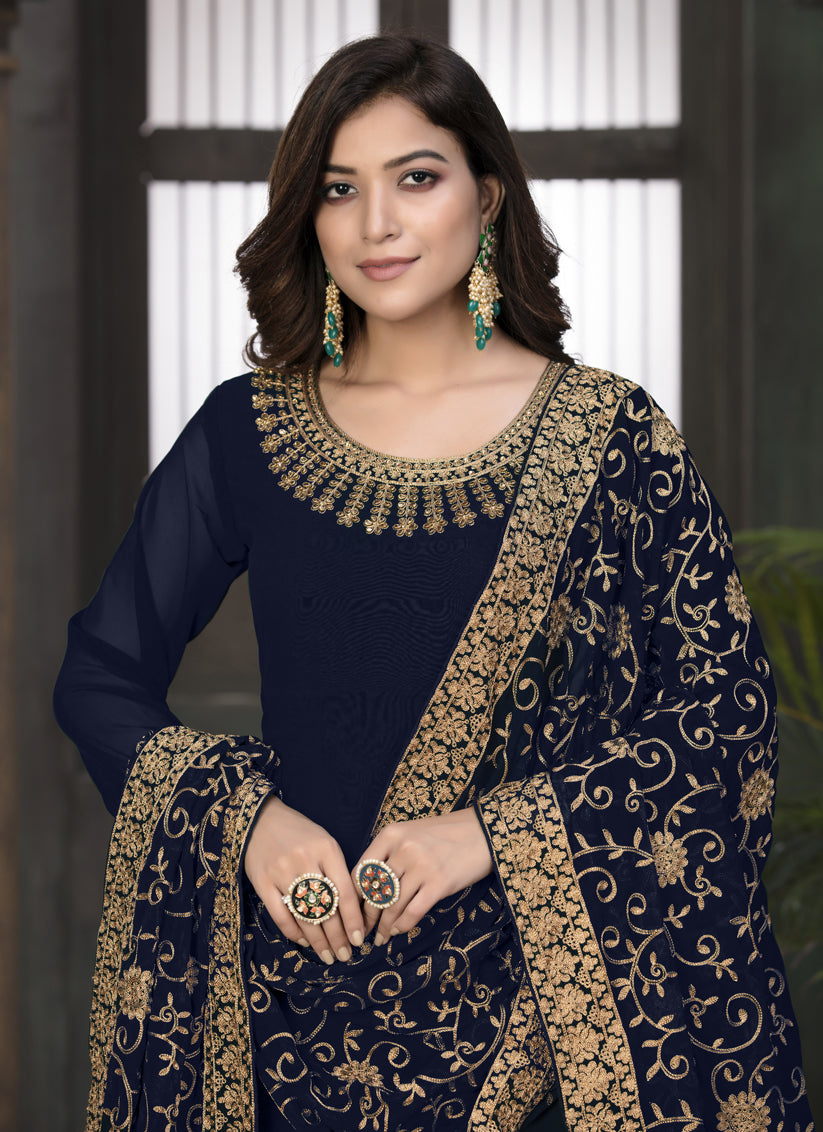 Midnight Blue Faux Georgette Embroidered Anarkali Suit