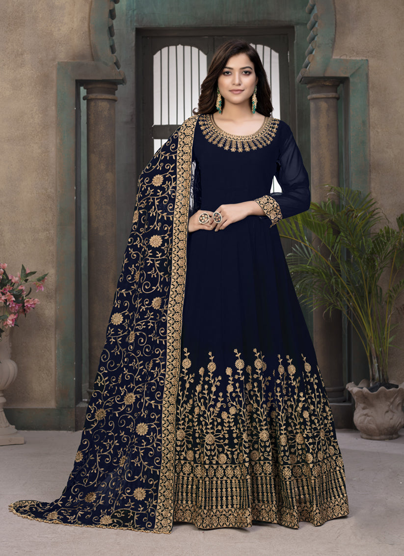 Midnight Blue Faux Georgette Embroidered Anarkali Suit