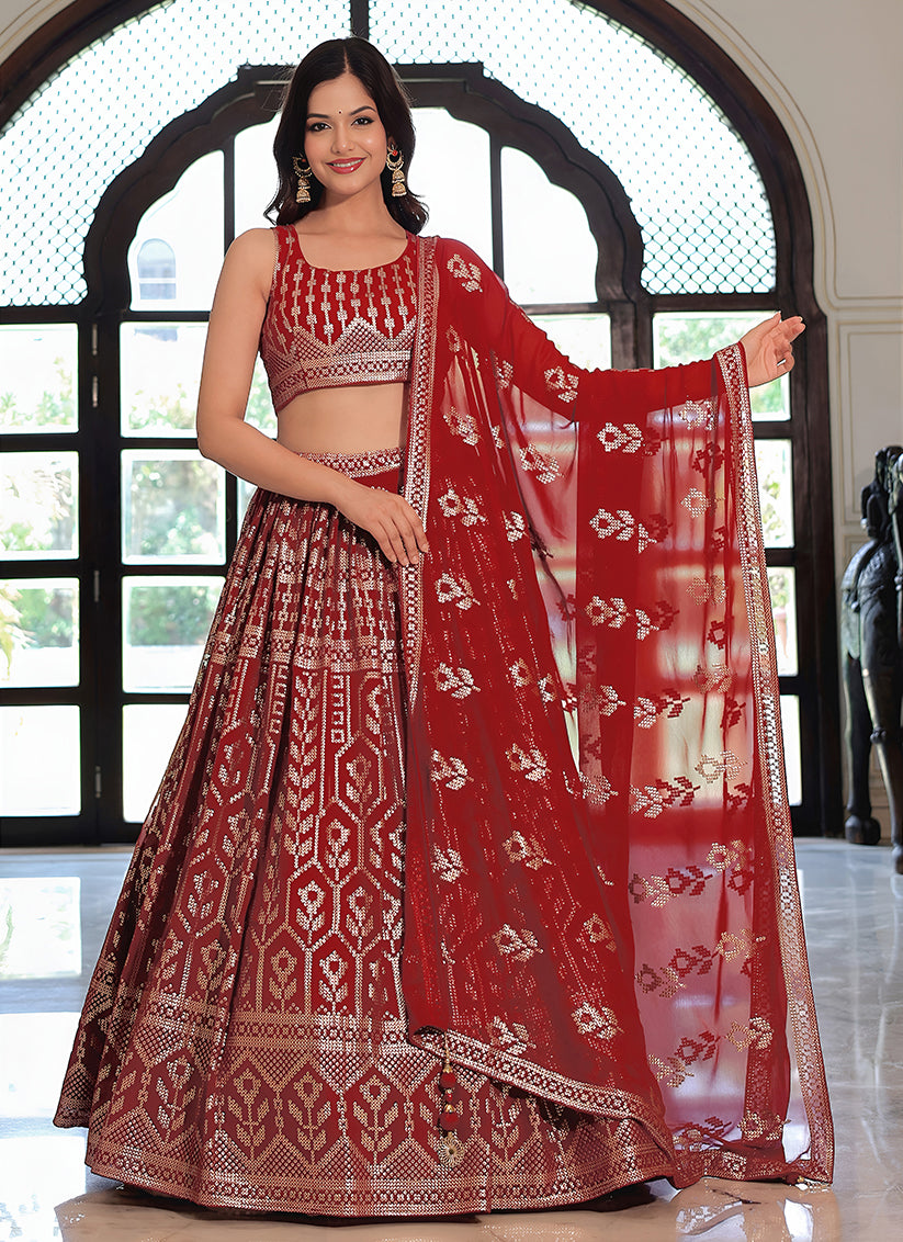 Maroon Embroidered & Heavy Sequins Lehenga Choli Set