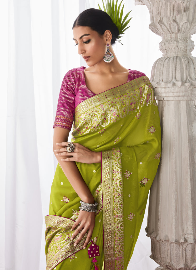 Parrot Green Kora Silk Meenakari Pallu Saree