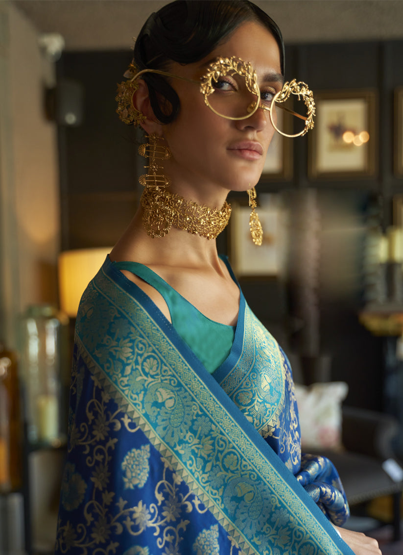 Royal Blue Chhaap Silk Handloom Weaving Saree