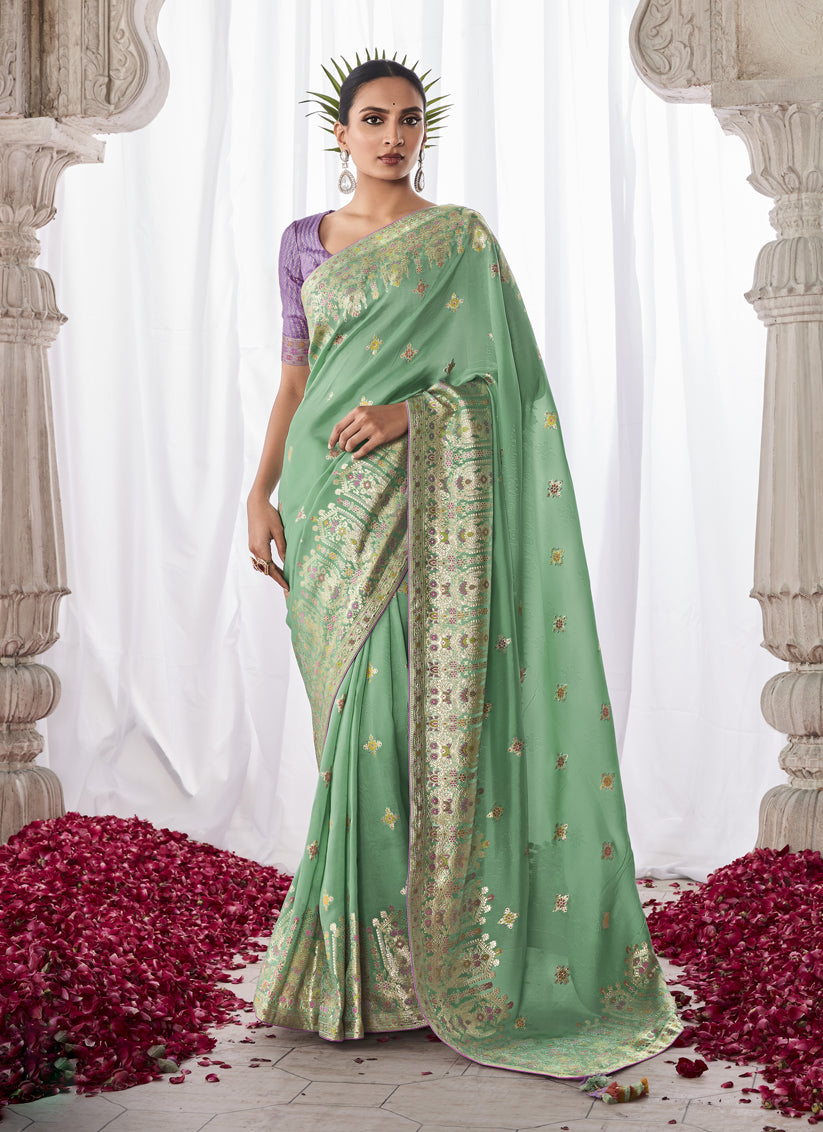Mint Blue Kora Silk Meenakari Pallu Saree