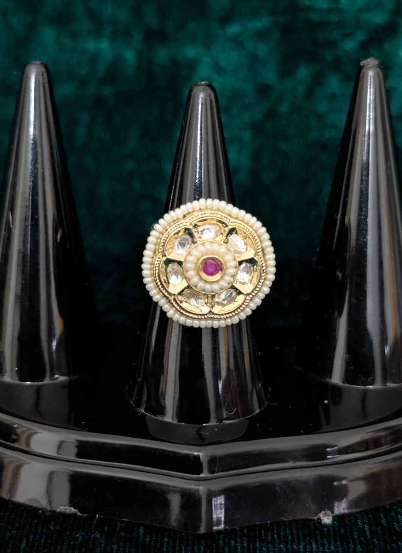 White Pearl and Kundan Studded Ring For Women