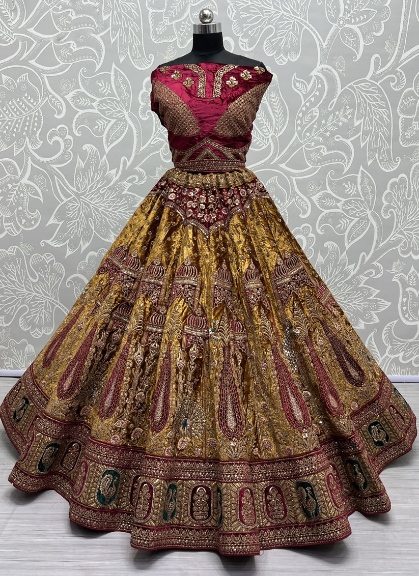 Mustard Yellow Velvet Heavy Designer Lehenga Choli Set