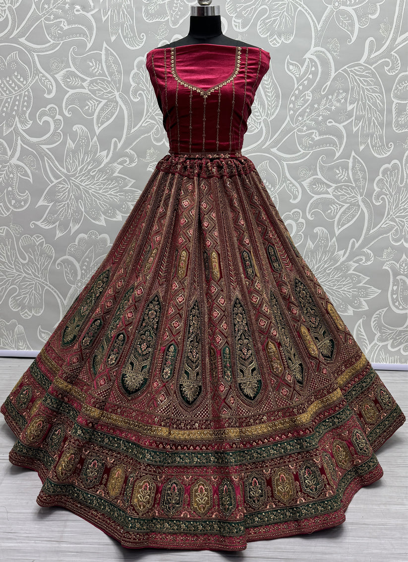 Raspberry Pink Velvet Designer Lehenga Choli Set