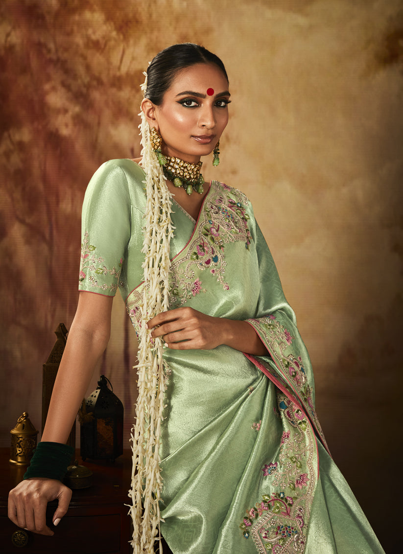 Mint Green Silk Embroidered Saree