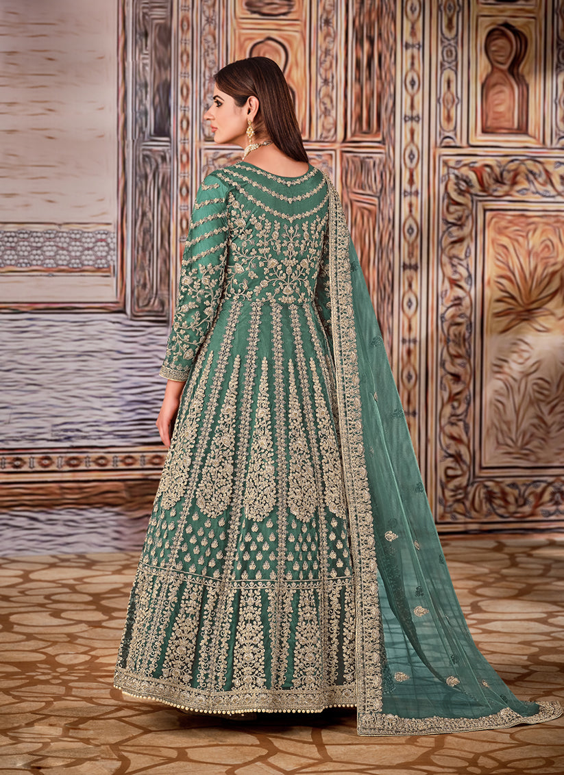 Teal Grey Net Embroidered Anarkali Suit