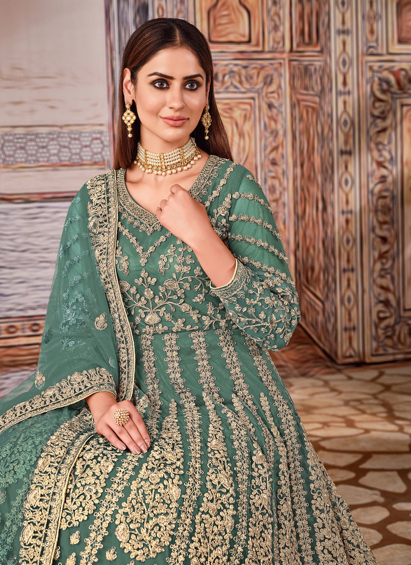 Teal Grey Net Embroidered Anarkali Suit