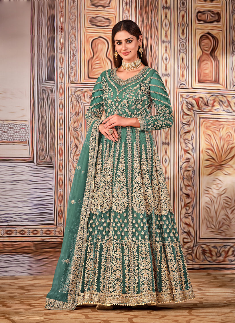 Teal Grey Net Embroidered Anarkali Suit