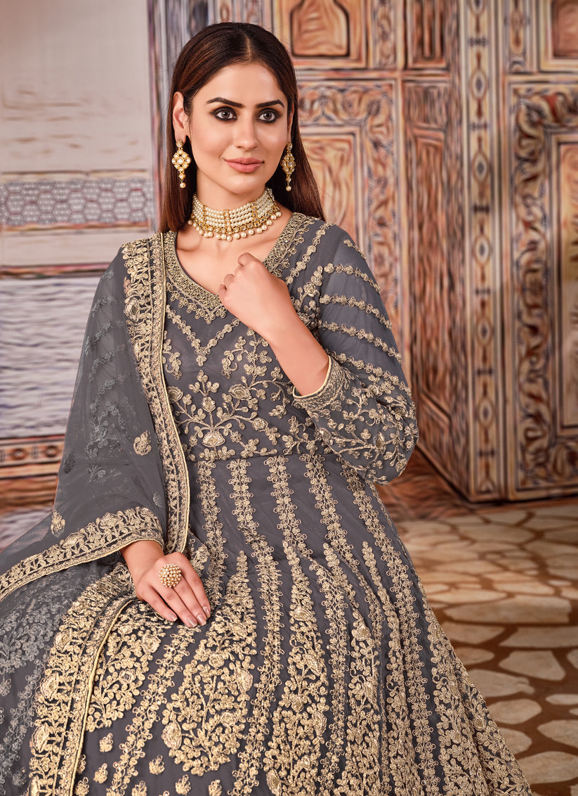 Slate Grey Net Embroidered Anarkali Suit